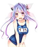  blue_hair breasts hair_ornament hair_ribbon i-19_(kantai_collection) kantai_collection kay_(utd) large_breasts long_hair name_tag one-piece_swimsuit open_mouth red_eyes ribbon school_swimsuit smile solo swimsuit twintails 