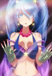  :o against_glass alternate_costume arcade_sona blank_stare blue_eyes blue_hair bra breast_press breasts cleavage duplicate earrings eren_(artist) fingerless_gloves glass gloves halter_top halterneck jewelry jpeg_artifacts league_of_legends medium_breasts navel necklace non-web_source solo sona_buvelle strap_slip twintails underwear 