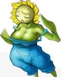  anthro big_breasts blue_eyes breasts clothing female flora_fauna flower inanimate l1zardman looking_away nintendo not_furry open_mouth overalls plain_background plant pok&#233;mon raised_arm shadow shiny solo squint standing sunflora sunflower sweat tongue video_games white_background 