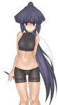  :| absurdres akatsuki_(log_horizon) arms_behind_back bangs bike_shorts blue_eyes blue_hair blunt_bangs blush closed_mouth crop_top flat_chest groin high_ponytail highres holding horororo log_horizon long_hair looking_at_viewer navel ponytail sleeveless sleeveless_turtleneck slender_waist solo standing tan turtleneck very_long_hair weapon 