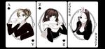  3girls ;p ace_of_spades arm_rest bangs black_hair blazer blonde_hair breasts brown_eyes brown_hair business_suit buttons card card_(medium) cleavage cup drinking english frame glasses green_eyes hair_bun hand_on_own_head hand_up holding holding_card holding_cup joker long_hair long_sleeves looking_at_viewer monochrome multiple_girls number off-shoulder_sweater one_eye_closed original playing_card playing_card_theme poaro rimless_glasses scarf shirt short_hair sleeves_past_wrists spade spot_color swept_bangs teacup tongue tongue_out two_of_spades upper_body white_background white_skin wink 