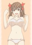  alicia_melchiott bikini blush breasts brown_eyes brown_hair highres long_hair navel open_mouth orange_background senjou_no_valkyria senjou_no_valkyria_1 senjou_no_valkyria_2 simple_background solo swimsuit syou_(crecre) twintails white_bikini 