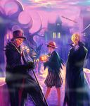  bad_id bad_pixiv_id barefoot bat black_hair blonde_hair blood cane cityscape cloak cravat english facial_hair fangs formal glasses gloves goatee green_hair hair_over_one_eye hat highres jack-o'-lantern licking_lips looking_at_viewer male_focus monkey_d_luffy multiple_boys one-eyed one_piece roronoa_zoro sanji scar scar_across_eye short_hair shorts smile stitches straw_hat striped striped_shorts suit tongue tongue_out top_hat tsuyomaru vampire vertical_stripes 