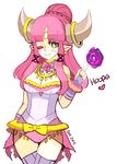  armlet blue_(hopebiscuit) blush_stickers bow bracelet breast_squeeze breasts colored_eyelashes eyelashes facial_mark fingerless_gloves forehead_mark gen_6_pokemon gloves green_eyes hair_ribbon hoopa horn_ornament horns jewelry leotard long_hair magic medium_breasts one_eye_closed personification pink_hair pointy_ears pokemon ribbon showgirl_skirt smile solo thighhighs 