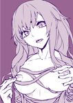  breasts collarbone cross-laced_clothes fingers grabbing head_tilt hijiri_byakuren large_breasts long_hair looking_at_viewer looking_down monochrome nipple_rub nipples open_mouth partially_undressed purple_background self_fondle simple_background solo thupoppo tongue tongue_out touhou 