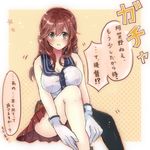  blush braid breasts brown_hair cleavage gloves green_eyes kantai_collection large_breasts long_hair looking_at_viewer noshiro_(kantai_collection) open_mouth parted_lips school_uniform serafuku serino_itsuki sketch skirt solo taut_clothes translation_request twin_braids white_gloves 