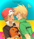  2boys angry baseball_hat blonde_hair blush bou_erika brown_hair charmander child claws collar ears fangs hat hug jacket male_focus multiple_boys nintendo ookido_green open_mouth poke_ball pokemon pokemon:_the_origin red_(pokemon) short_hair simple_background smile spiked_hair sweat teeth tongue 