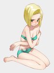  android_18 barefoot blonde_hair blue_eyes blush bra breasts cleavage dragon_ball dragon_ball_z feet full_body panties short_hair solo sweat toenails toes underwear underwear_only yukimitsuki 