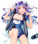  bad_anatomy bed_sheet blue_hair blush breasts hair_ornament hair_ribbon highres i-19_(kantai_collection) kantai_collection long_hair lying mistrail on_back one-piece_swimsuit open_mouth red_eyes ribbon school_swimsuit smile solo swimsuit torpedo twintails 