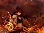  belt blazing_heart_(elsword) breasts brown_hair cleavage cowboy_shot crop_top elesis_(elsword) elsword fire floating_hair from_below hair_over_one_eye highres long_hair magic malmaron medium_breasts midriff navel outdoors partially_unzipped red_eyes smile solo standing stomach very_long_hair 