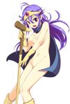  antenna_hair blue_hair blush boots breasts cape caryo circlet dragon_quest dragon_quest_iii gloves groin knees_together_feet_apart long_hair long_legs looking_at_viewer medium_breasts naked_cape nanashino navel nipples nude open_mouth red_eyes sage_(dq3) solo staff tears yellow_gloves 