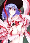  blue_hair breast_hold breasts cleavage convenient_censoring covering grin hat kuronuko_neero large_breasts nagae_iku naughty_face red_eyes revision shirt_lift smile solo touhou upper_body 