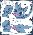  dragon duo hiccup hiccup_(httyd) how how_to_train_your_dragon human interspecies kissing male mammal night_fury scalie to tongue toothless train your 