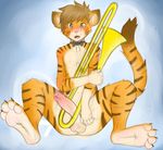  4_toes anthro balls blush bow_tie claws erection feline fur hair hands hindpaw humanoid_penis looking_at_viewer male mammal musical_instrument nude open_mouth paws penis plantigrade sebafox sitting soles solo tiger toes tongue trombone uncut 