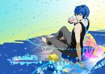  ak_(cosmio) blue_eyes blue_hair food from_behind headphones highres ice_cream kaito looking_back male_focus revision sitting solo vocaloid 