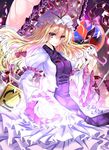  bad_id bad_pixiv_id blonde_hair gap hat highres hysteria juliet_sleeves long_sleeves looking_at_viewer mob_cap parasol puffy_sleeves purple_eyes road_sign sign smile solo tabard touhou umbrella white_background yakumo_yukari 