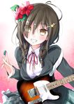  bad_id bad_pixiv_id banned_artist black_hair braid brown_eyes electric_guitar guitar hair_over_shoulder instrument mirai_(macharge) original plectrum solo twin_braids 