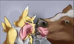  anthro anthro_on_feral bestiality bovine bulge canine cattle crying deep_throat deep_tongue digimon drooling duo fellatio female feral fox french_kissing internal interspecies kissing male mammal mane messy nude oral oral_sex renamon saliva sex straight ungulatr 
