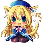  animal_ears atago_(kantai_collection) black_legwear blonde_hair blue_dress blue_eyes blush bow cat_ears cat_tail chibi chocolat_(momoiro_piano) dress hat kantai_collection kemonomimi_mode long_hair long_sleeves looking_at_viewer open_mouth pantyhose paw_pose simple_background smile solo tail white_background 