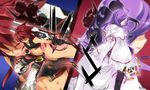  1girl aisha_(elsword) ara_han bad_id bad_pixiv_id black_legwear blue_background chung_seiker coat elemental_master_(elsword) elsword elsword_(character) eve_(elsword) glowing glowing_eyes hair_over_eyes highres long_hair midriff pants purple_hair raven_(elsword) red_background red_hair rena_(elsword) reverse_grip rune_slayer_(elsword) serious silhouette smile split_screen sword thighhighs vilor vs weapon zoom_layer 