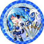  ;d armband blue_eyes blue_hair cape gloves hair_ornament hairclip lowres magical_girl mahou_shoujo_madoka_magica mahou_shoujo_madoka_magica_movie miki_sayaka multiple_swords one_eye_closed open_mouth short_hair smile solo sparkle sword thighhighs weapon yuuhi_alpha zettai_ryouiki 