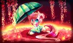  absurd_res aquagalaxy clothing cutie_mark cyan_eyes equine female feral fluttershy_(mlp) friendship_is_magic fur hair hi_res horse japanese_clothing leaves long_hair looking_at_viewer mammal my_little_pony pink_hair plants pony smile solo umbrella yellow_fur 