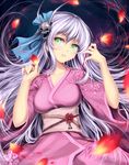  atomix breasts fire highres japanese_clothes kimono light_smile long_hair looking_at_viewer medium_breasts original silver_hair skull solo 
