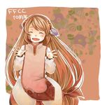  1girl brown_hair clavat eyes_closed female final_fantasy final_fantasy_crystal_chronicles hair_ribbon hiyokoya long_hair open_mouth ribbon smile solo 