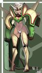  1girl armor background breasts chesnaught cleavage dark_skin dr.wolf female helmet high_heels lips navel nintendo personification pokemon pokemon_(game) pokemon_xy shield short_hair solo thighs thing thong white_hair 