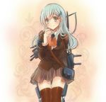  aqua_eyes aqua_hair ascot black_hair brown_legwear dress_shirt hairband kantai_collection long_hair looking_at_viewer serino_itsuki shirt skirt smile solo suzuya_(kantai_collection) thighhighs 