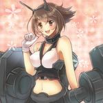  :d bare_shoulders brown_eyes brown_hair hairband kantai_collection looking_at_viewer mutsu_(kantai_collection) navel open_mouth serino_itsuki short_hair smile solo upper_body 