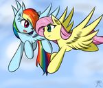  clouds cyan_body cyan_eyes day duo equine feathers female fluttershy_(mlp) flying friendship_is_magic fur hair horse long_hair mammal multi-colored_hair my_little_pony one_eye_closed outside pegasus pink_hair pony rainbow_dash_(mlp) rainbow_hair rainbow_tail ranban red_eyes sky wings yellow_fur 