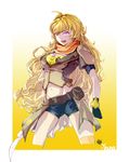  ahoge belt belt_buckle blonde_hair border breasts buckle character_name cleavage gauntlets gradient gradient_background highres long_hair medium_breasts purple_eyes rwby scarf solo symbol yang_xiao_long yway1101 