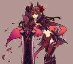  1girl armor breasts brown_hair capcom character_request female goa_magara_(armor) gore_magala_(armor) grey_background horns huge_weapon long_hair midriff monster_hunter monster_hunter_4 naomi_(miette) oversized_weapon red_eyes simple_background smile solo sword weapon 