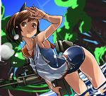  bare_shoulders brown_eyes brown_hair i-401_(kantai_collection) kantai_collection one-piece_swimsuit ponytail school_swimsuit school_uniform short_hair short_ponytail smile solo swimsuit swimsuit_under_clothes tagaya6592 wading water 