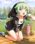  ensemble_girls! ensemble_girls_(artist) feeding food fujii_shizuku green_eyes green_hair hood hoodie official_art open_mouth picnic picnic_basket sandwich short_hair short_shorts shorts sparkle thermos watermark 