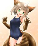  animal_ears blush claws gomora green_eyes highres horn one-piece_swimsuit personification school_swimsuit short_hair silver_hair smile swimsuit tail ultra_kaijuu_gijinka_keikaku ultra_series ultraman_(1st_series) watarui 