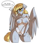  anthro anthrofied avante92 blonde_hair blush bottomless breasts clothing derpy_hooves_(mlp) dialog english_text equine erect_nipples female friendship_is_magic fur grey_fur hair horse mammal my_little_pony nipples pegasus plain_background pony pussy shirt solo sweat text water wet wet_clothing white_background wings yellow_eyes 