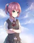 :&lt; aqua_eyes bird blue_sky blush buttons closed_mouth crossed_arms day frown gloves hair_ornament kantai_collection neck_ribbon pink_hair plan_(planhaplalan) pleated_skirt ponytail red_neckwear red_ribbon ribbon school_uniform shiranui_(kantai_collection) shirt short_hair short_sleeves skirt sky solo v-shaped_eyebrows vest white_gloves white_shirt 