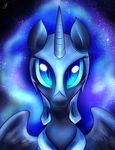  black_fur blue_eyes equine eyelashes friendship_is_magic fur helmet hi_res horn horse kyodashiro looking_at_viewer mammal my_little_pony night nightmare_moon_(mlp) outside portrait signature slit_pupils solo spread_wings stars winged_unicorn wings 