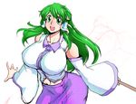  blush breasts danna_(karatekikku) detached_sleeves frog_hair_ornament green_eyes green_hair hair_ornament huge_breasts kochiya_sanae long_hair open_mouth smile snake_hair_ornament solo touhou 