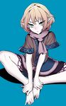  :&lt; bad_feet barefoot blonde_hair blue_background butterfly_sitting green_eyes hands_on_feet knees_apart_feet_together legs mizuhashi_parsee pointy_ears scarf shadow shirt short_sleeves simple_background sitting skirt slit_pupils solo thupoppo toes touhou 