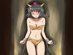  animal_print bare_shoulders bikini black_hair blush breasts chain chained cleavage cuffs flx hat highres horns looking_at_viewer medium_breasts navel one_eye_closed oni red_eyes revision shackles shameimaru_aya short_hair solo swimsuit tiger_print tokin_hat touhou wince 