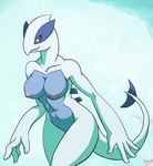  4_fingers anthro anthrofied bald beak big_breasts blue_background breasts eyelashes female grey_eyes happy hi_res legendary_pok&#233;mon legendary_pok&eacute;mon looking_away lugia nintendo nipples plain_background pok&#233;mon pok&eacute;mon poopysocks9 shadow smile solo standing video_games 