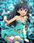  :d aqua aqua_background aqua_dress aqua_eyes artist_request black_hair blush dress fang ganaha_hibiki gloves hair_ornament idolmaster idolmaster_(classic) idolmaster_million_live! jewelry long_hair necklace official_art open_mouth single_glove smile solo sparkle star star_hair_ornament 