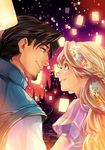  1girl blonde_hair brown_hair couple facial_hair flynn_rider goatee head_wreath hetero lantern long_hair paper_lantern rapunzel_(disney) tangled u-min 