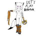  absurd_res anthro armor black_fur boots breasts cat dead_space english_text feline female fur hair hi_res looking_at_viewer mammal nipples nude plain_background plasma_cutter purple_eyes ranged_weapon scarf solo standing text video_games weapon white_background white_fur white_hair 