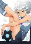  1boy ball blush child inazuma_eleven inazuma_eleven_(series) male male_focus potti-p shirt shorts simple_background soccer_ball soccer_uniform solo sportswear suzuno_fuusuke t-shirt white_hair 