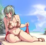  beach bikini blush breasts cleavage cloud crab curvy day fringe_trim full_body grey_hair jewelry large_breasts long_hair necklace ocean outdoors plump red_eyes rozen_maiden sandals silver_hair sitting sky solo suigintou sweat swimsuit tsuda_nanafushi yokozuwari 