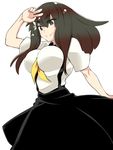  black_eyes black_hair breasts eyebrows gatchaman_crowds high-waist_skirt ichinose_hajime large_breasts long_hair simple_background skirt smile solo v white_background zanku 